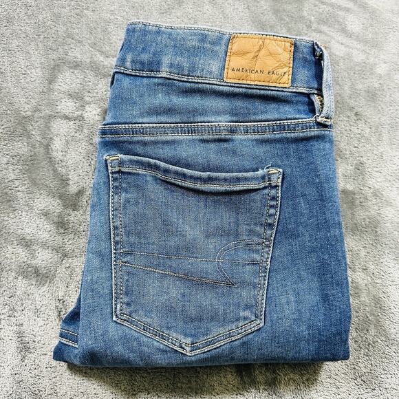 American Eagle Jegging Jeans Womens Sz.4 Short Blue Stretch‎ Mid-Rise Raw Hem - Picture 1 of 13